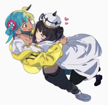 2girls aqua_hair black_hair black_mask blue_eyes blunt_bangs breasts canari_(pokemon) ch_walnut closed_mouth coat gradient_hair gwynn_(pokemon) hat heart highres hug jacket long_sleeves looking_at_another mask midriff_peek multicolored_hair multiple_girls nintendo pants pokemon pokemon_legends:_z-a purple_eyes purple_hair short_hair short_twintails twintails two-tone_hair two-tone_mask white_background white_coat yellow_jacket yellow_mask yuri