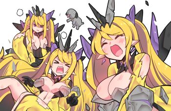 1girl all_fours angry animal armor ass black_armor black_gloves blonde_hair blush breasts cleavage closed_eyes collar crying ditienan_ddn dog dress earrings gloves grey_armor headpiece horns injury jewelry jumping kamen_rider kamen_rider_01_(series) kamen_rider_thouser large_breasts long_hair long_sleeves multiple_views navel non-humanoid_robot open_mouth parted_lips personification pointy_ears purple_eyes revealing_clothes rider-tan robot robot_animal screaming tears teeth thighhighs thouser_(dog) torn_clothes torn_dress twintails white_background yellow_dress yellow_thighhighs