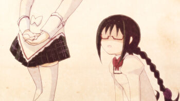 10s 2girls :d akemi_homura black_hair bow braid flashback glasses hairband kaname_madoka long_hair looking_at_another mahou_shoujo_madoka_magica mahou_shoujo_madoka_magica_(anime) multiple_girls no_eyes no_nose oka_(umanihiki) open_mouth pleated_skirt red-framed_eyewear school_uniform semi-rimless_eyewear simple_background skirt smile spoilers thighhighs twin_braids under-rim_eyewear white_legwear zettai_ryouiki