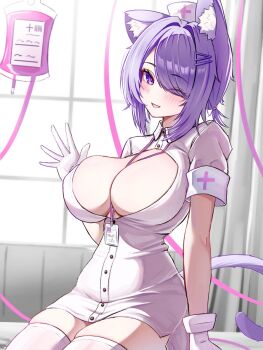 1girl animal_ear_fluff animal_ears blood blood_bag breasts cat_ears cat_girl cleavage cowboy_shot dress eyelashes hair_over_one_eye hat highres hololive id_card indoors kogekoge1207 large_breasts nekomata_okayu nurse nurse_cap one_eye_closed purple_eyes purple_hair short_hair skindentation solo thighhighs virtual_youtuber white_dress white_thighhighs