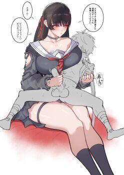 1boy 1girl absurdres age_difference aged_down arm_cutout bach_(pixiv63552431) black_choker black_hair black_jacket black_serafuku black_shirt black_skirt black_socks blush breasts censored chisa_(wuthering_waves) choker closed_mouth clothing_cutout collarbone commentary_request hair_ribbon handjob highres holding_hands jacket large_breasts long_hair long_sleeves looking_at_another male_rover_(wuthering_waves) mole mole_under_eye mosaic_censoring neckerchief onee-shota penis red_eyes red_neckerchief red_ribbon ribbon rover_(wuthering_waves) sailor_collar school_uniform serafuku shirt shota skirt socks tacet_mark_(wuthering_waves) testicles thigh_strap thighs translation_request very_long_hair white_background white_sailor_collar wuthering_waves