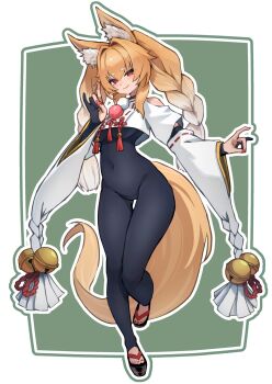 1 animal_ears artist_request bare_shoulders bell blonde_hair blush braid breasts detached_sleeves feet fingerless_gloves full_body gloves gradient_hair green_background hokori_kei japanese_clothes kimono leggings long_hair medium_breasts multicolored_hair ok_sign one_leg_raised red_eyes sandals sleeves_past_wrists smile tail toeless_legwear twintails underboob very_long_hair virtual_youtuber white_hair