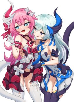 2girls :q absurdres bare_shoulders black_dress black_gloves black_panties black_thighhighs blue_eyes blush breasts commentary commission dress english_commentary garter_straps gloves grey_hair highres honkai_(series) honkai_impact_3rd horns liliya_olenyeva long_hair multiple_girls open_mouth panties pink_hair purple_eyes rozaliya_olenyeva short_eyebrows siblings simple_background single_horn small_breasts tail thick_eyebrows thighhighs tongue tongue_out twins underwear v-shaped_eyebrows very_long_hair wavy_mouth white_background white_dress white_gloves white_thighhighs yuri zancrowkami