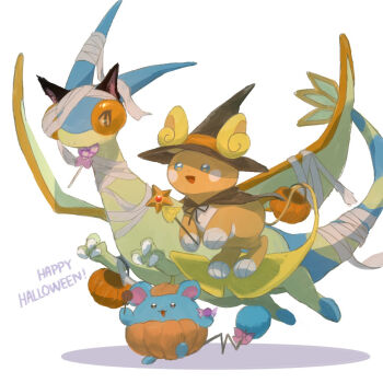 :3 alolan_form alolan_raichu alternate_color animal_ears animal_focus bad_id bad_pixiv_id bandaged_head bandaged_neck bandaged_tail bandaged_wings bandages black_cape black_eyes black_hat blue_eyes blush_stickers bright_pupils butter_(oshi8kyoumoh) candy cape cat_ears claws clothed_pokemon eating elbow_carry english_text fake_animal_ears floating flygon food full_body gen_1_pokemon gen_2_pokemon gen_3_pokemon gen_7_pokemon halloween halloween_bucket hands_up happy happy_halloween hat holding holding_candy holding_lollipop holding_wand leg_up lollipop looking_afar looking_at_another looking_to_the_side marill mouth_hold nintendo no_humans objectification open_mouth pokemon pokemon_(creature) pumpkin_costume shiny_pokemon simple_background smile standing standing_on_one_leg staryu walking wand white_background white_pupils witch_hat