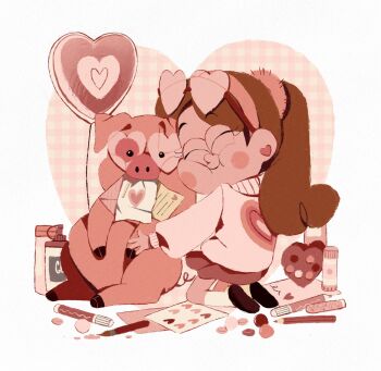 animal balloon blush brown_hair closed_eyes collared_sweater earrings full_body gravity_falls hairband heart heart-shaped_eyewear heart_balloon highres hug jewelry long_hair long_sleeves mabel_pines marker paper pencil pig pink_hairband pink_sweater pink_theme ponytail procyoren shoes simple_background skirt smile socks sweater waddles white_background