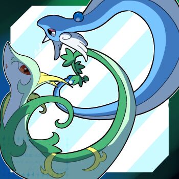 Rule 34 | commentary, dragon, dragonair, gen 1 pokemon, gen 5 pokemon, head wings, highres, horns, nintendo, no humans, open mouth, pokemon, pokemon (creature), pokemon focus, purple eyes, red eyes, serperior, shadow, shual3734, single horn, snake, wings