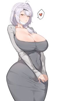 1girl absurdres ahoge alternate_breast_size_(larger) alternate_costume alternate_hairstyle breasts cleavage collarbone commentary_request covered_navel cowboy_shot curvy dongtan_dress dress grey_dress grey_jacket hair_between_eyes hair_ornament hair_over_shoulder hairclip heart highres huge_breasts jacket light_blush long_hair long_sleeves looking_at_viewer mask mask_pull mouth_mask open_clothes open_jacket own_hands_together parted_lips simple_background single_hair_intake sleeves_past_wrists solo speech_bubble spoken_heart standing surgical_mask tight_clothes tight_dress v_arms white_background xiangzuo_zhi yellow_eyes yixuan_(zenless_zone_zero) zenless_zone_zero
