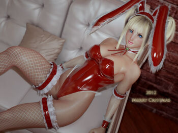 3d animal_ears blonde_hair blue_eyes christmas collar couch fake_animal_ears incise_soul m-rs playboy_bunny rabbit_ears santa_costume thighhighs