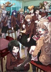 6+boys 6+girls :d asahina_aoi black_boots black_gloves black_hair black_ribbon black_skirt blonde_hair blue_eyes blue_hair boots bow bowtie bracelet brown_eyes brown_hair brown_jacket brown_pants brown_shoes brown_skirt buttons candy celestia_ludenberg chair classroom closed_eyes closed_mouth collared_jacket collared_shirt commentary_request crossed_arms danganronpa:_trigger_happy_havoc danganronpa_(series) desk enoshima_junko eyelashes facial_hair food freckles fujisaki_chihiro fukawa_toko glasses gloves grin hagakure_yasuhiro hair_bow hand_on_another&#039;s_shoulder hand_up holding holding_candy holding_food holding_lollipop ikusaba_mukuro indoors ishimaru_kiyotaka jacket jewelry kirigiri_kyoko kneehighs kuwata_leon lollipop long_hair long_sleeves maizono_sayaka multiple_boys multiple_girls naegi_makoto nail_polish neck_ribbon necktie o_ok ogami_sakura on_desk open_clothes open_jacket open_mouth owada_mondo pants pixiv_id pompadour ponytail purple_hair red_bow red_bowtie red_eyes red_hair red_nails red_necktie ribbon scar scar_on_face school_desk school_uniform shirt shoes short_hair signature sitting skirt smile socks standing teeth togami_byakuya trap v v-shaped_eyebrows waving white_hair white_jacket white_shirt white_socks window yamada_hifumi