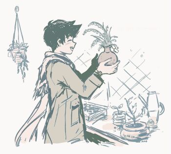 1boy alternate_costume blush brown_coat brown_hair closed_eyes coat commentary dark-skinned_male dark_skin ear_piercing english_commentary flower flower_pot hanging_plant hero_(faraway)_(omori) hero_(omori) holding holding_flower_pot lily_of_the_valley long_sleeves male_focus omocat omori open_mouth piercing plant potted_plant scarf short_hair simple_background smile solo watch watering_can white_background wristwatch