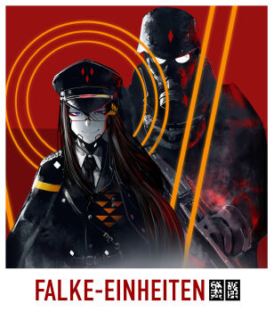 1girl 1other absurdres android black_coat black_jacket blue_eyes coat collared_shirt derivative_work falke_(signalis) formal_clothes gas_mask glasses gun hat helmet highres holding holding_gun holding_weapon jacket mask necktie peaked_cap redrawn reichsadler shirt signalis suit upper_body user_dpsf5844 weapon white_shirt