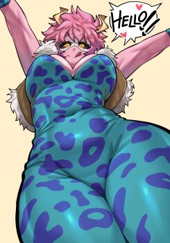 1girl absurdres aqua_bodysuit ashido_mina black_sclera bodysuit boku_no_hero_academia breasts colored_sclera colored_skin covered_navel english_text female_focus from_below fur-trimmed_vest fur_trim heart highres horns large_breasts looking_at_viewer looking_down loopvoid messy_hair multicolored_bodysuit pink_hair pink_skin smile solo superhero_costume thick_thighs thighs tongue tongue_out vest yellow_eyes yellow_horns