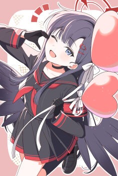 1girl balloon black_choker black_gloves black_hair black_sailor_collar black_serafuku black_shirt black_skirt black_wings blue_archive choker collarbone gloves hair_ornament hairclip halo heart_balloon highres holding holding_balloon ichika_(blue_archive) long_hair long_sleeves looking_at_viewer low_wings neckerchief nichaku one_eye_closed open_mouth pleated_skirt red_halo red_neckerchief sailor_collar school_uniform serafuku shirt skirt smile solo wings