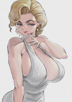 1girl alternate_breast_size_(larger) aqua_eyes blonde_hair breasts curly_hair dress earrings half-closed_eyes halter_dress halterneck highres huge_breasts jewelry large_breasts marilyn_monroe red_lips sashizume_soutarou short_hair sideboob solo the_seven-year_itch thick_eyebrows upper_body white_background white_dress