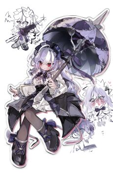 1girl black_nails black_pantyhose black_shoes blush bow bowtie breast_curtains center_frills closed_mouth drill_hair fang frills gem hairband heart highres holding holding_umbrella ihyang0079 long_hair looking_at_viewer mole mole_under_eye open_mouth pantyhose pointy_ears purple_bow purple_bowtie purple_gemstone purple_hair purple_hairband purple_umbrella shoes sideboob_cutout sketch_background solo sparkle umbrella vivian_banshee white_background zenless_zone_zero