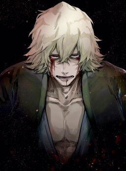 1boy bleach bleach:_sennen_kessen-hen blonde_hair blood blood_from_mouth blood_on_face bloody_tears collarbone commentary_request highres japanese_clothes lower_teeth_only male_focus medium_hair open_clothes pectoral_cleavage pectorals short_hair siji105 solo teeth urahara_kisuke