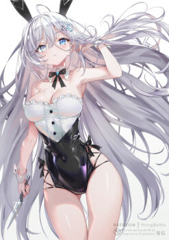 Rule 34 | 1girl, ahoge, animal ear hairband, animal ears, bare shoulders, black leotard, blue eyes, blush, bow, bowtie, breasts, cleavage, commentary request, covered navel, detached collar, fake animal ears, grey eyes, hair between eyes, hair ornament, hairband, heterochromia, highleg, highleg leotard, highres, holding, holding knife, hong (white spider), knife, leotard, long hair, looking at viewer, medium breasts, multicolored leotard, parted lips, playboy bunny, rabbit ear hairband, rabbit ears, shibou yuugi de meshi wo kuu., side-tie leotard, simple background, solo, strapless, strapless leotard, two-tone leotard, very long hair, white hair, white leotard, white wrist cuffs, wrist cuffs, yuuki (shibou yuugi)
