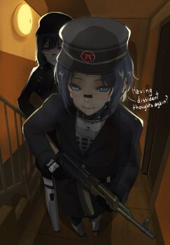2girls ak-47 android assault_rifle blue_eyes character_request closed_mouth commentary commission english_commentary english_text gloves grey_hair gun hat highres holding holding_gun holding_weapon indoors kalashnikov_rifle long_sleeves looking_at_viewer maranisart military_hat multiple_girls parted_lips rifle robot_girl science_fiction short_hair signalis smile stairs talking weapon