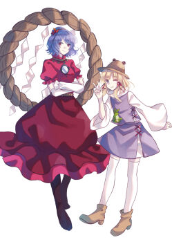 Rule 34 | 2girls, ;), animal print, black footwear, blonde hair, blue hair, boots, breasts, brown footwear, brown hat, commentary request, crossed arms, frog print, full body, hair ornament, hair ribbon, hand up, hat, highres, leaf hair ornament, long sleeves, looking at viewer, medium breasts, miniskirt, mirror, miyakure, moriya suwako, multiple girls, one eye closed, puffy short sleeves, puffy sleeves, purple eyes, purple skirt, purple vest, red eyes, red ribbon, red shirt, red skirt, ribbon, rope, shide, shimenawa, shirt, shoes, short hair, short sleeves, sidelocks, simple background, skirt, skirt set, smile, standing, thighhighs, touhou, vest, w, white background, white legwear, white shirt, wide sleeves, yasaka kanako, zettai ryouiki
