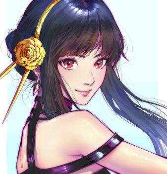 1girl artist_name black_hair closed_mouth commentary earrings english_commentary from_side gold_hairband hairband highres jewelry kuroiitulip looking_at_viewer red_eyes short_hair_with_long_locks sidelocks simple_background smile solo spy_x_family yor_briar