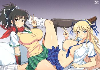 2girls aqua_eyes asuka_(senran_kagura) black_hair blonde_hair blue_skirt breasts brown_eyes green_skirt hair_ribbon jarckius katsuragi_(senran_kagura) kneehighs large_breasts long_hair looking_at_viewer miniskirt multiple_girls necktie no_bra open_clothes open_shirt ponytail ribbon scarf senran_kagura sexually_suggestive skirt smile socks sweater_vest thighhighs v white_ribbon yuri