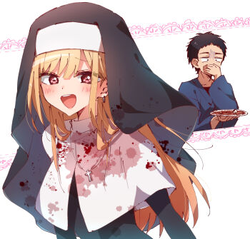 1boy 1girl absurdres black_hair black_veil blonde_hair blood blood_on_clothes blood_on_plate commentary_request covering_own_mouth cross cross_necklace earrings gojou_wakana highres jewelry kitagawa_marin looking_at_viewer necklace nun nyaa_(nnekoron) open_mouth red_eyes smile solo_focus sono_bisque_doll_wa_koi_wo_suru teeth upper_teeth_only veil white_background