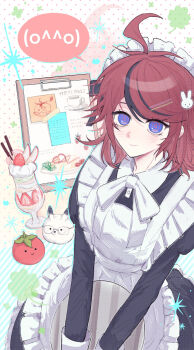 1girl ahoge alternate_costume animalization aotsuki_eito apron black_dress black_hair blue_eyes chinese_commentary clipboard closed_mouth clover collared_dress commentary_request cowboy_shot dress enmaided food foodification frilled_apron frills fruit genderswap genderswap_(mtf) hair_ornament hairclip highres long_sleeves maid medium_hair multicolored_hair neck_ribbon parfait rabbit rabbit_hair_ornament red_hair ribbon smile solo speech_bubble spoken_kaomoji sticky_note strawberry streaked_hair sumino_takumi the_hundred_line_-last_defense_academy- tomato two-tone_hair white_apron white_ribbon yongaiguxichala