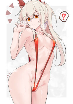 1girl ? absurdres arm_behind_back ayanami_(azur_lane) azur_lane blonde_hair breasts covered_erect_nipples expressionless from_below groin hair_between_eyes hand_up headgear highres hip_focus leaning_forward light_frown long_hair looking_at_viewer navel orange_eyes orange_slingshot_swimsuit oriue_wato ponytail slingshot_swimsuit small_breasts solo spoken_question_mark standing thighs very_long_hair