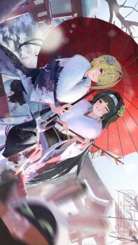 2girls ;) arrow_(projectile) astra_yao bangboo_(zenless_zone_zero) black_hair blonde_hair blurry blurry_foreground commentary_request eous_(zenless_zone_zero) evelyn_chevalier floral_print floral_print_kimono furisode hair_bun hair_ornament hamaya hatsumoude highres holding holding_arrow japanese_clothes kanzashi kimono long_hair looking_at_viewer multiple_girls new_year obi obijime one_eye_closed outdoors parted_lips pink_kimono print_kimono purple_eyes red_eyes sash smile torii torjun_111 very_long_hair white_kimono zenless_zone_zero