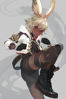 1girl absurdres animal_ears ass bike_shorts black_boots black_gloves blonde_hair boots commentary commission dark-skinned_female dark_skin english_commentary fighting_stance final_fantasy final_fantasy_xiv glasses gloves grey_background highres hood hooded_jacket jacket monk monk_(final_fantasy) muscular muscular_female open_clothes open_jacket orange-tinted_eyewear polilla rabbit_ears simple_background sunglasses tinted_eyewear very_dark_skin viera warrior_of_light_(ff14)
