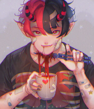 1boy artist_name astrocatsama bandaged_fingers bandaged_head bandages bandaid bandaid_on_arm bandaid_on_cheek bandaid_on_face bandaid_on_neck black_hair black_horns black_nails black_shirt black_sleeves blood blood_drip commentary cup demon_horns english_commentary grey_background guro harajuku_fashion heart heart_sticker holding holding_cup holding_knife horns implied_self-harm knife leaning_forward lower_teeth_only lungs male_focus mug multicolored_hair multicolored_horns nail_polish open_mouth original pointy_ears red_eyes red_hair red_horns ribs shirt short_hair short_sleeves slit_throat smile solo star_(symbol) star_sticker star_symbol_background sticker straight-on striped_horns t-shirt teeth two-tone_hair two-tone_horns upper_body very_short_hair