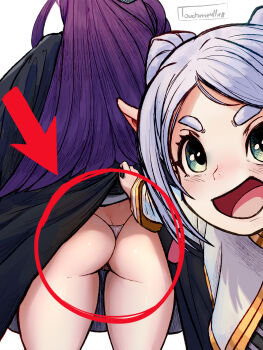 2girls absurdres arrow_(symbol) ass assisted_exposure butt_crack clothes_lift commentary dress dress_lift elf english_commentary fern_(sousou_no_frieren) frieren from_behind g-string green_eyes highres lifted_from_behind long_hair long_pointy_ears multiple_girls pointy_ears purple_hair short_eyebrows sousou_no_frieren thick_eyebrows thigh_gap thong touchme4lln8 video_thumbnail white_hair