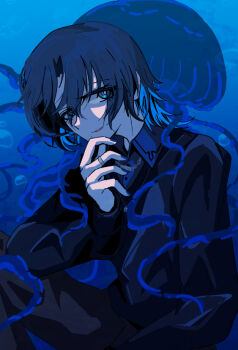 Rule 34 | 1girl, black pants, black sweater, blue eyes, blue hair, blue nails, blue shirt, collared shirt, earclip, hiodoshi ao, hiodoshi ao (1st costume), hololive, hololive dev is, jellyfish, jewelry, medium hair, mole, mole under mouth, necklace, pants, ring, shirt, solo, sweater, v-neck, vegs, virtual youtuber, wolf cut