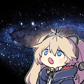 1girl animal_ears blonde_hair blue_eyes cat_ears cat_tail chinese_commentary commentary_request fake_animal_ears fake_tail hair_between_eyes highres loading_icon long_hair looking_up michele_(strinova) mokeji open_mouth partial_commentary photo_background solo strinova tail upper_body