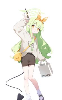 1girl absurdres bag belt blue_archive bow_hairband cup demon_tail disposable_cup green_hair green_halo hairband halo highres hikari_(blue_archive) hikari_(mom's_touch)_(blue_archive) holding holding_cup long_hair long_sleeves looking_at_viewer mary_janes miniskirt mom's_touch official_alternate_costume official_art orange_hairband shoes shopping_bag shoulder_bag skirt socks solo tail very_long_hair white_background white_socks yellow_eyes