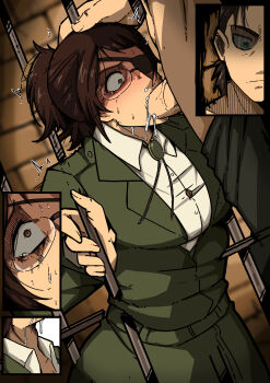 1boy 1girl absurdres angry brown_eyes brown_hair clothes_pull cum cum_in_mouth cum_on_body cum_on_upper_body cumdrip erection eren_yeager eyepatch fellatio glasses grabbing_another&#039;s_hair green_jacket hange_zoe hetero highres holding_another&#039;s_hair irrumatio jacket jewelry mark_gavatino multiple_views oral pants pants_pull paradis_military_uniform penis prison shingeki_no_kyojin shirt swallowing sweat swept_bangs tagme tears trembling unbuttoned v-neck veins veiny_penis white_shirt