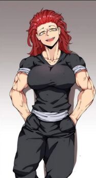 1girl black_pants black_shirt blouse breasts female_focus genderswap genderswap_(mtf) grappler_baki hands_in_pockets hanma_yujiro highres large_breasts long_hair looking_at_viewer muscular muscular_female pants red_eyes red_hair shirt smile solo threatening