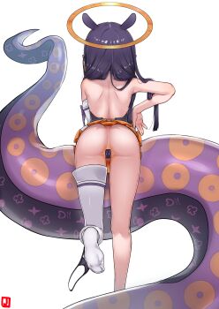 1girl absurdres ass back bare_back black_hair facing_away from_behind halo highres hololive hololive_english johnny_(braun-kan_cafe) loli long_hair maebari ninomae_ina&#039;nis ninomae_ina&#039;nis_(1st_costume) no_anus panties_around_one_ankle revision simple_background single_thighhigh socks soles solo standing standing_on_one_leg tentacles thighhighs virtual_youtuber white_background white_socks white_thighhighs yellow_halo