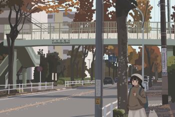 Rule 34 | 1girl, absurdres, autumn, backpack, bag, black hair, braid, bridge, brown sweater, cat, closed mouth, commentary, day, hat, highres, holding, holding leaf, kyora san, lamppost, leaf, long hair, long sleeves, low twin braids, original, outdoors, pedestrian bridge, road, scenery, skirt, smile, solo, street, sweater, tareme, tree, twin braids, white hat, white skirt, wide shot