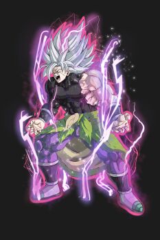 Rule 34 | 1boy, absurdres, alternate form, alternate hairstyle, aura, beatlo (rodrigo38658978), black background, black shirt, boots, broly (dragon ball super), commentary, dragon ball, dragon ball super, dragon ball super broly, electricity, english commentary, gohan beast, grey hair, highres, long hair, male focus, muscular, muscular male, pants, purple pants, red eyes, scar, scar on face, shirt, simple background, skin tight, solo, son gohan, spiked hair, torn clothes, torn shirt, white boots