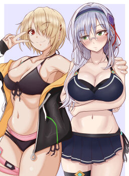 2girls absurdres bad_anatomy bad_hands bikini breasts brown_hair commentary_request green_eyes hair_ornament hair_over_one_eye hairpin heaven_burns_red highres izumi_yuki_(heaven_burns_red) kayamori_ruka large_breasts layered_bikini long_hair multiple_girls navel red_eyes short_hair swimsuit user_xtpp7383