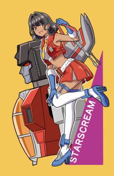 Rule 34 | 1girl, bag, belt, black hair, blue gloves, blue shoes, braid, character name, collared shirt, commentary, crop top, cropped shirt, cropped torso, cropped vest, crown braid, curly hair, dark-skinned female, dark skin, elbow gloves, from side, full body, garter straps, genderswap, genderswap (mtf), gloves, grey bag, hair intakes, high heels, highres, humanization, komagoma, kotobukiya bishoujo, looking at viewer, medium hair, midriff, miniskirt, necktie, open clothes, open mouth, open vest, outline, pleated skirt, red eyes, red skirt, red vest, robot, shirt, shoes, sidelocks, skirt, sleeveless, sleeveless shirt, smile, smirk, standing, standing on one leg, starscream, starscream (kotobukiya bishoujo), thigh strap, thighhighs, transformers, transformers: generation 1, vest, white belt, white outline, white shirt, white thighhighs, yellow background, yellow necktie