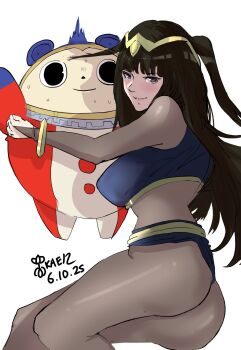 1girl artist_name ass black_eyes black_hair blush breasts character_doll crossover dated doll fire_emblem highres hugging_doll hugging_object kuma_(persona_4) large_breasts long_hair looking_at_viewer nintendo persona persona_4 sideboob smile stuffed_toy tharja_(fire_emblem) twintails