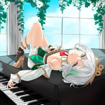 1girl absurdres artist_request belt blue_sky cecilia_immergreen dress green_eyes high_heels highres hololive hololive_english instrument joints looking_at_viewer piano shoes sky smile virtual_youtuber white_hair window