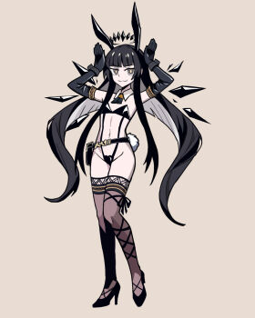 1girl animal_ears arknights ascot black_ascot black_bra black_eyes black_gloves black_hair black_halo black_panties black_shoes black_thighhighs blunt_bangs bra chinese_commentary colored_inner_hair commentary_request detached_collar detached_wings elbow_gloves energy_wings fake_animal_ears full_body gloves halo hands_up high_heels highres hydrogina long_hair long_sidelocks looking_at_viewer midriff multicolored_hair navel panties parody playboy_bunny rabbit_ears rabbit_pose rabbit_tail ringed_eyes shoes sidelocks solo style_parody tail thighhighs twintails underwear vanripper_(style) virtuosa_(arknights) white_hair wings yellow_background