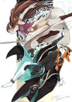 2girls black_skin blue_skin colored_sclera colored_skin eyeshadow front_ponytail grey_skin hashtag-only_commentary highres makeup midna midna_(true) multicolored_skin multiple_girls nintendo orange_hair pointy_ears princess_zelda purple_eyeshadow purple_lips the_legend_of_zelda the_legend_of_zelda:_twilight_princess togenasi_furiko two-tone_skin yellow_sclera