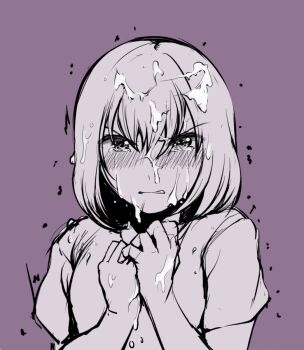 1girl blush commentary_request crying crying_with_eyes_open cum cum_on_body facial greyscale_with_colored_background hands_up looking_at_viewer original purple_background sadahiro_(chicken_nugget_gyuuniku_aji) short_hair short_sleeves simple_background solo tears upper_body v-shaped_eyebrows