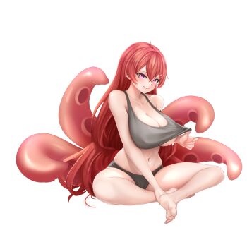 Rule 34 | 1girl, bare shoulders, barefoot, black panties, breasts, cleavage, closed mouth, collarbone, commentary request, crop top, crossed bangs, defaultkavy, double-parted bangs, full body, grey tank top, hair between eyes, hair ornament, hairclip, highres, huge breasts, indian style, long hair, looking at viewer, midriff, mirolive, navel, panties, parallel hairclips, purple eyes, red hair, simple background, sitting, soles, solo, tabasuko (mirolive), tank top, tentacle girl, underboob, underwear, very long hair, virtual youtuber, white background