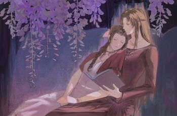 Rule 34 | 2girls, aerith gainsborough, arm belt, bangle, book, bracelet, braid, breasts, brown hair, choker, closed eyes, closed mouth, cropped jacket, dress, final fantasy, final fantasy vii, final fantasy vii remake, flower, fumelex, hair ribbon, half-closed eyes, highres, holding, holding book, ifalna, jacket, jewelry, leaning on person, long dress, long hair, long sleeves, looking at another, medium breasts, mother and daughter, multiple girls, necklace, parted bangs, pink dress, pink ribbon, purple dress, purple flower, red jacket, ribbon, short sleeves, side braid, sidelocks, upper body, wisteria