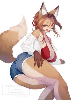 1girl animal_ears animal_nose armpit_crease ass black_nails body_fur breasts commentary_request denim denim_shorts fangs feet_out_of_frame fox_girl furry furry_female hair_between_eyes hair_intakes hair_ribbon highres large_breasts licking_lips looking_at_viewer lying namiura on_side open_mouth orange_fur original partially_undressed red_eyes red_ribbon ribbon shirt short_eyebrows shorts snout swimsuit tail thick_thighs thighs tongue tongue_out two-tone_fur white_background white_fur white_shirt